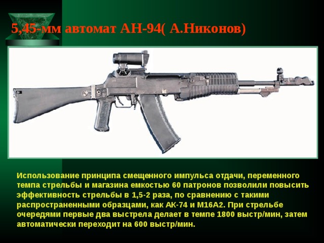 5,45-мм автомат АН-94( А.Никонов) Использование принципа смещенного импульса отдачи, переменного темпа стрельбы и магазина емкостью 60 патронов позволили повысить эффективность стрельбы в 1,5-2 раза, по сравнению с такими распространенными образцами, как АК-74 и М16А2. При стрельбе очередями первые два выстрела делает в темпе 1800 выстр/мин, затем автоматически переходит на 600 выстр/мин. 