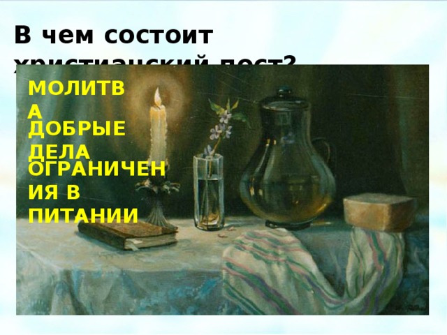 В чем состоит христианский пост? МОЛИТВА ДОБРЫЕ ДЕЛА ОГРАНИЧЕНИЯ В ПИТАНИИ Федин А.А. Страстная неделя. Время воздержания.