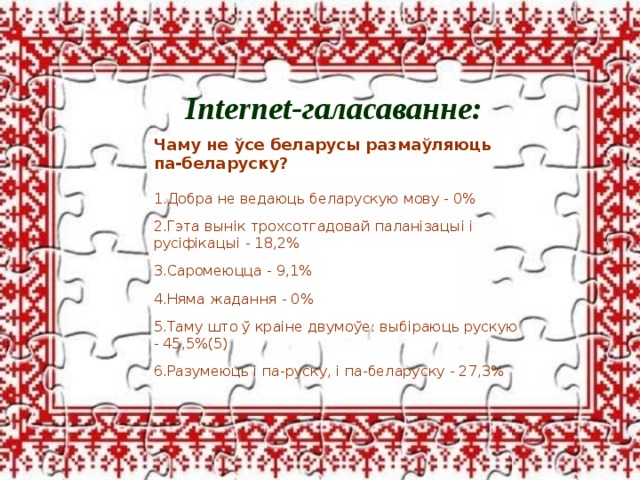 Internet-галасаванне: Чаму не ўсе беларусы размаўляюць па-беларуску?  Добра не ведаюць беларускую мову - 0%  Гэта вынік трохсотгадовай паланізацыі і русіфікацыі - 18,2%  Саромеюцца - 9,1%  Няма жадання - 0%  Таму што ў краіне двумоўе: выбіраюць рускую - 45,5%(5)  Разумеюць і па-руску, і па-беларуску - 27,3% 