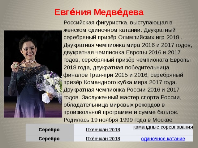 Евге́ния Медве́дева Российская фигуристка, выступающая в женском одиночном катании. Двукратный серебряный призёр Олимпийских игр 2018 . Двукратная чемпионка мира 2016 и 2017 годов, двукратная чемпионка Европы 2016 и 2017 годов, серебряный призёр чемпионата Европы 2018 года, двукратная победительница финалов Гран-при 2015 и 2016, серебряный призёр Командного кубка мира 2017 года. Двукратная чемпионка России 2016 и 2017 годов. Заслуженный мастер спорта России, обладательница мировых рекордов в произвольной программе и сумме баллов. Родилась 19 ноября 1999 года в Москве Серебро Серебро Пхёнчхан 2018  командные соревнования  Пхёнчхан 2018  