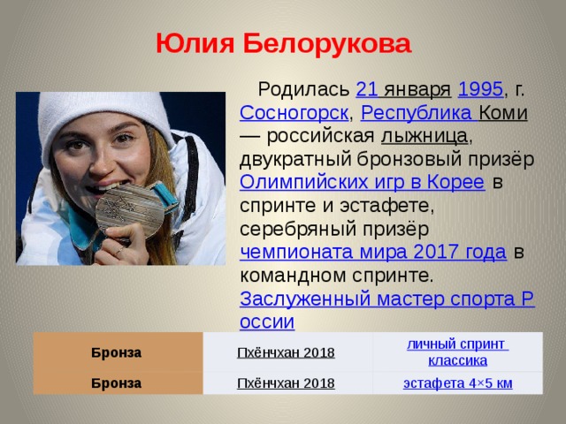 Юлия Белорукова Родилась 21  января  1995 , г. Сосногорск , Республика Коми — российская лыжница , двукратный бронзовый призёр Олимпийских игр в Корее в спринте и эстафете, серебряный призёр чемпионата мира 2017 года в командном спринте. Заслуженный мастер спорта России Бронза Бронза Пхёнчхан 2018  Пхёнчхан 2018  