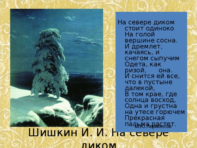 Снегом сыпучим одета как ризой она. На севере диком на вершине сосна. Горные вершины на севере диком. И дремлет качаясь и снегом сыпучим одета как ризой. На голой вершине сосна стих.