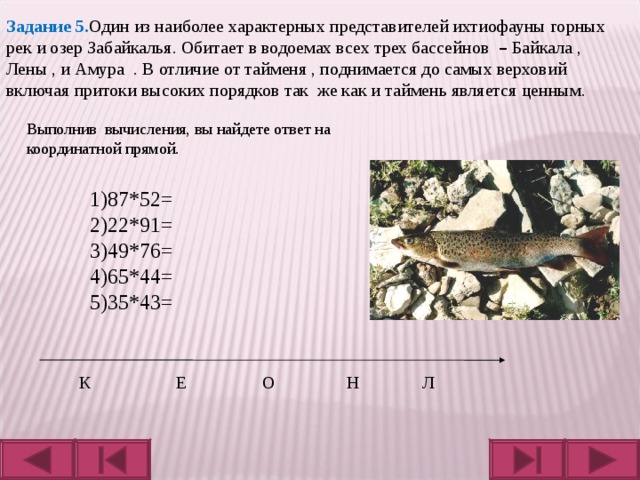 Задание 5. Один из наиболее характерных представителей ихтиофауны горных рек и озер Забайкалья. Обитает в водоемах всех трех бассейнов – Байкала , Лены , и Амура . В отличие от тайменя , поднимается до самых верховий включая притоки высоких порядков так же как и таймень является ценным. Выполнив вычисления, вы найдете ответ на координатной прямой. 1)87*52= 2)22*91= 3)49*76= 4)65*44= 5)35*43=  К Е О Н Л 