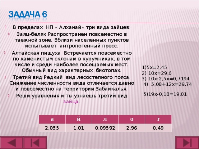 В пределах НП « Алханай» три вида зайцев: Заяц-беляк Распространен повсеместно в таежной зоне. Вблизи населенных пунктов испытывает антропогенный пресс. Алтайская пищуха Встречается повсеместно по каменистым склонам в курумниках, в том числе и среди наиболее посещаемых мест. Обычный вид характерных биотопах. Третий вид Редкий вид лесостепного пояса. Снижение численности вида отличается давно и повсеместно на территории Забайкалья. Реши уравнения и ты узнаешь третий вид зайца.  1)5х=2,45 2) 10х=29,6 3) 10х-2,5х=0,7194  4) 5,08+12х=29,74  5)19х-0,18=19,01   а 2,055 й л 1,01 0,09592 о т 2,96 0,49 