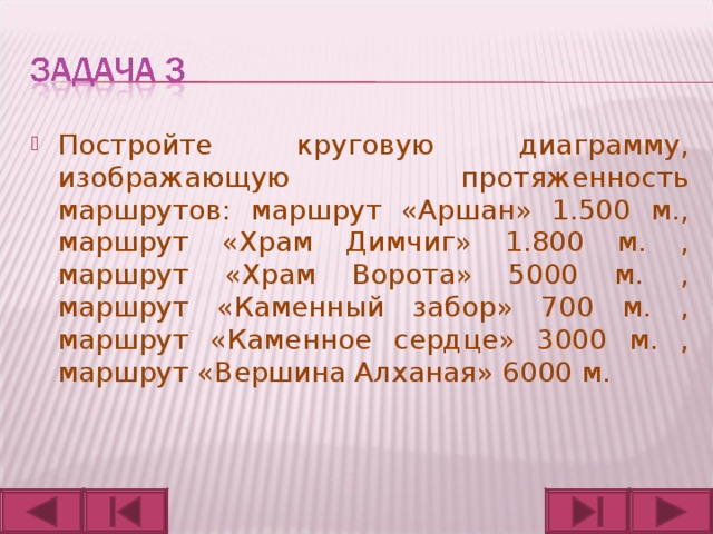 Постройте круговую диаграмму, изображающую протяженность маршрутов: маршрут «Аршан» 1.500 м., маршрут «Храм Димчиг» 1.800 м. , маршрут «Храм Ворота» 5000 м. , маршрут «Каменный забор» 700 м. , маршрут «Каменное сердце» 3000 м. , маршрут «Вершина Алханая» 6000 м.  