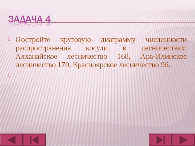 Постройте круговую диаграмму численности распространения косули в лесничествах: Алханайское лесничество 168, Ара-Илинское лесничество 170, Красноярское лесничество 96.    