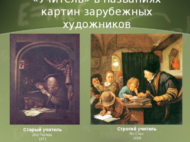 «Учитель» в названиях картин зарубежных художников Строгий учитель Ян Стен 1668 Старый учитель Доу Герард 1671 
