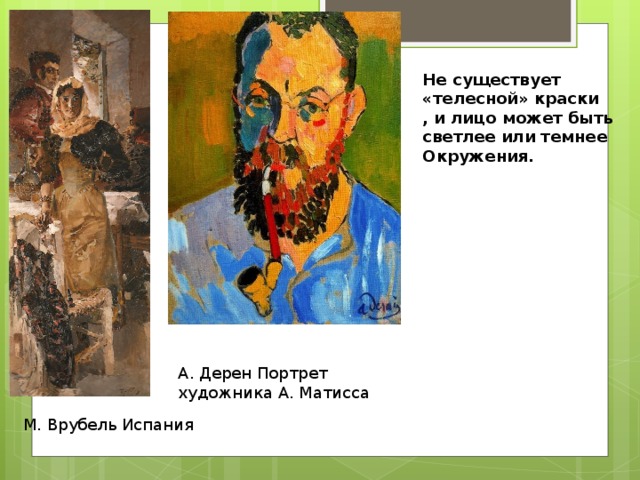 Не существует «телесной» краски , и лицо может быть светлее или темнее Окружения. А. Дерен Портрет художника А. Матисса М. Врубель Испания 