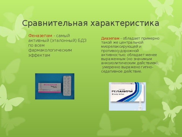 Сравнительная характеристика Феназепам - самый активный (эталонный) БДЗ по всем фармакологическим эффектам Диазепам - обладает примерно такой же центральной миорелаксирующей и противосудорожной активностью; обладает менее выраженным (но значимым анксиолитическим действием); умеренно выражено гипно-седативное действие. 