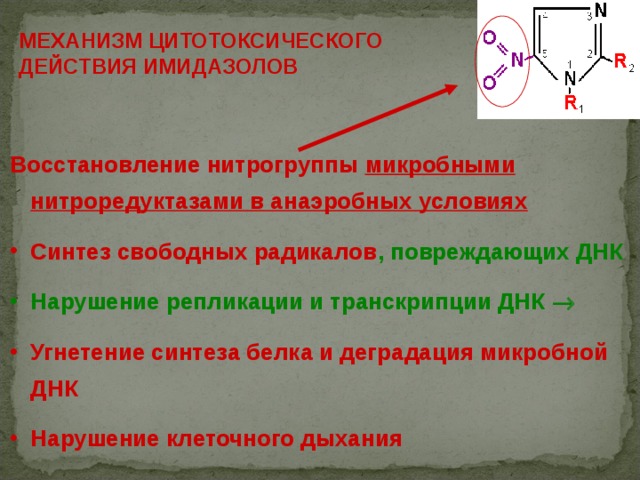 МЕХАНИЗМ ЦИТОТОКСИЧЕСКОГО ДЕЙСТВИЯ ИМИДАЗОЛОВ Восстановление нитрогруппы  микробными нитроредуктазами в анаэробных условиях   Синтез свободных радикалов , повреждающих ДНК Нарушение репликации и транскрипции ДНК  Угнетение синтеза белка и деградация микробной ДНК Нарушение клеточного дыхания 