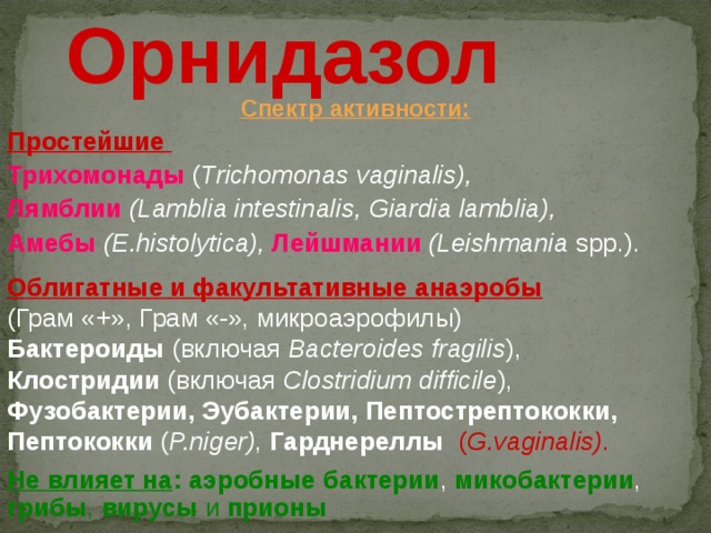 Орнидазол Спектр активности: Простейшие Трихомонады ( T richomonas vaginalis), Лямблии (Lamblia intestinalis, Giardia lamblia ), Амебы  (E.histolytica),  Лейшмании  (Leishmania spp.).  Облигатные и факультативные анаэробы  (Грам «+»,  Грам «-», микроаэрофилы) Бактероиды (включая B acteroides fragilis ), Клостридии (включая C lostridium difficile ), Фузобактерии, Эубактерии, Пептострептококки, Пептококки ( P.niger) , Гарднереллы ( G.vaginalis) .  Не влияет на : аэробные бактерии , микобактерии , грибы , вирусы и прионы 