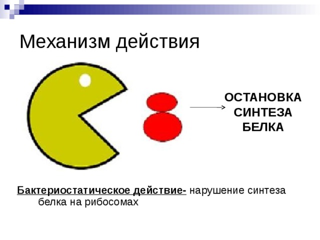 Механизм действия ОСТАНОВКА СИНТЕЗА БЕЛКА Бактериостатическое действие- нарушение синтеза белка на рибосомах 