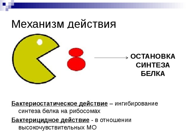 Механизм действия ОСТАНОВКА СИНТЕЗА БЕЛКА Бактериостатическое действие – ингибирование синтеза белка на рибосомах Бактерицидное  действие  - в отношении высокочувствительных МО 