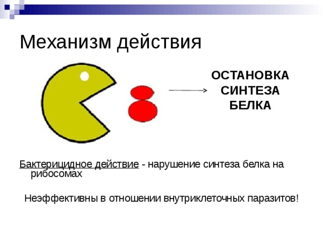 Механизм действия ОСТАНОВКА СИНТЕЗА БЕЛКА      Бактерицидное действие - нарушение синтеза белка на рибосомах Неэффективны в отношении внутриклеточных паразитов! 