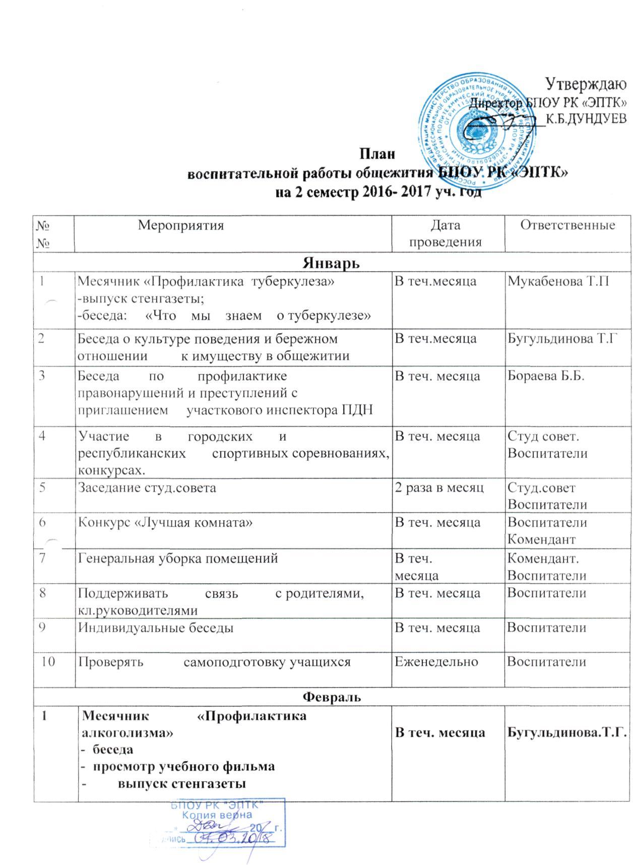 План работы на май в общежитии