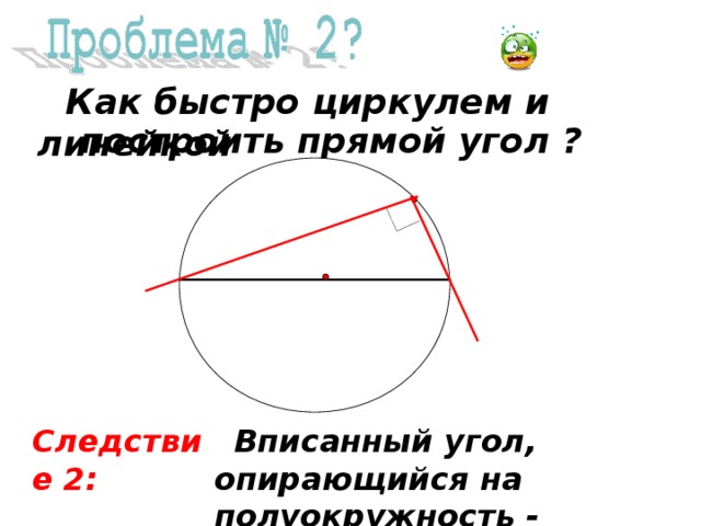 Как быстро циркулем и линейкой  построить прямой угол ? Следствие 2:  Вписанный угол, опирающийся на полуокружность - прямой .