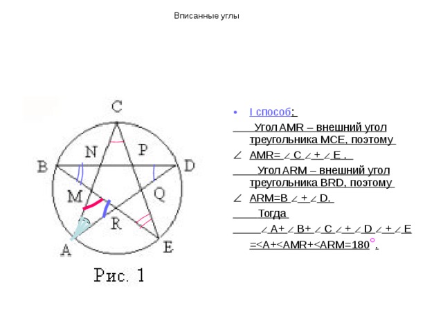 Вписанные углы I способ :  Угол AMR – внешний угол треугольника MCE, поэтому AMR=  C  +  E .  Угол ARM – внешний угол треугольника BRD, поэтому ARM=B  +  D.  Тогда    A+  B+  C  +  D  +  E = ° .