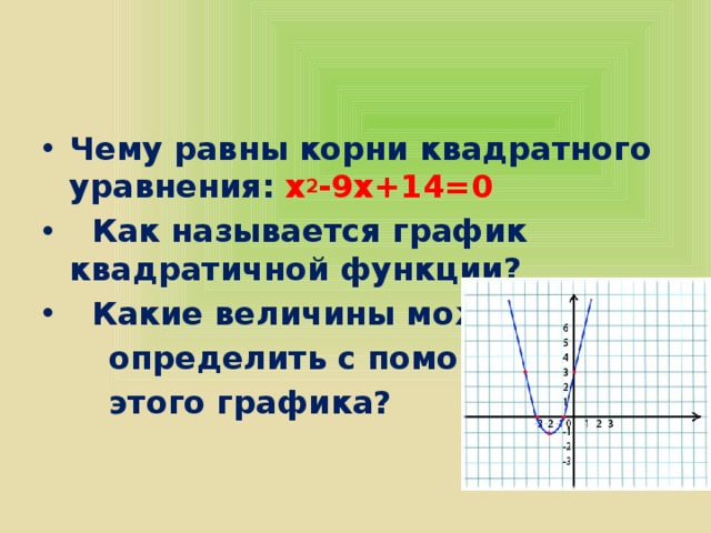 Чему равны корни квадратного уравнения: х 2 -9х+14=0  Как называется график квадратичной функции?  Какие величины можно  определить с помощью  этого графика?   