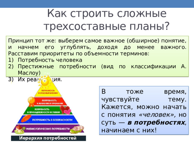 Как строить сложные трехсоставные планы? Принцип тот же: выберем самое важное (обширное) понятие, и начнем его углублять, доходя до менее важного. Расставим приоритеты по объемности терминов: Потребность человека Престижные потребности (вид по классификации А. Маслоу) Их реализация. В тоже время, чувствуйте тему. Кажется, можно начать с понятия «человек», но суть — в потребностях , начинаем с них! 