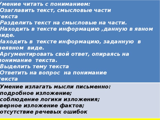 Умение читать с пониманием: Озаглавить текст, смысловые части .Умение излагать мысли письменно: .подробное изложение; текста .соблюдение логики изложения; .Разделить текст на смысловые на части. .верное изложение фактов; .Находить в тексте информацию ,данную в явном виде. .отсутствие речевых ошибок Находить в тексте информацию, заданную в неявном виде. .Аргументировать свой ответ, опираясь на понимание текста. .Выделить тему текста .Ответить на вопрос на понимание текста 