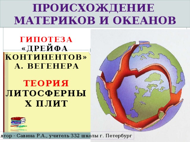 Происхождение материков и океанов Гипотеза «дрейфа континентов» А. Вегенера  Теория литосферных плит Автор - Савина Р.А., учитель 332 школы г. Петербург 