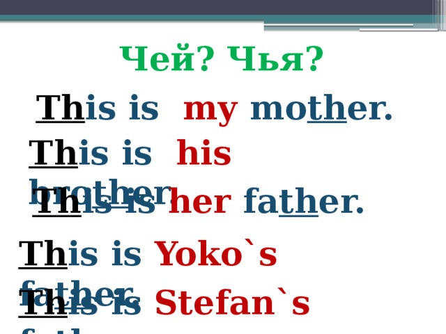 Чей? Чья? Th is is my mo th er. Th is is his bro th er. Th is is her fa th er. Th is is Yoko`s fa th er. Th is is Stefan`s fa th er. 
