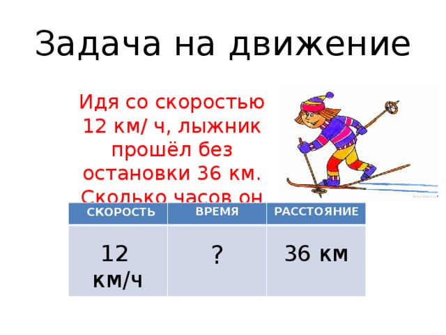 Задача на движение Идя со скоростью 12 км/ ч, лыжник прошёл без остановки 36 км. Сколько часов он шёл? СКОРОСТЬ ВРЕМЯ РАССТОЯНИЕ 12 км/ч ? 36 км 