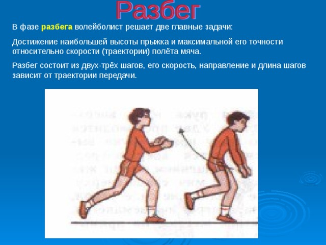 В фазе разбега волейболист решает две главные задачи: Достижение наибольшей высоты прыжка и максимальной его точности относительно скорости (траектории) полёта мяча. Разбег состоит из двух-трёх шагов, его скорость, направление и длина шагов зависит от траектории передачи. 
