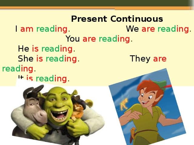  Present Continuous   I  am  read ing . We  are  read ing .   You  are  read ing .   He  is read ing .   She  is  read ing . They  are  read ing .   It  is  read ing . 
