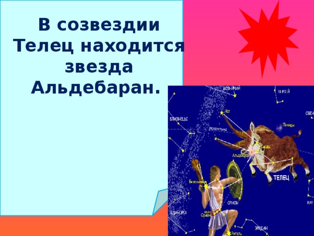 В созвездии Телец находится звезда Альдебаран. 