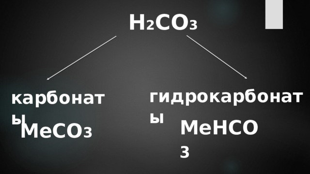 Н 2 СО 3 гидрокарбонаты карбонаты MeНCO 3  MeCO 3  