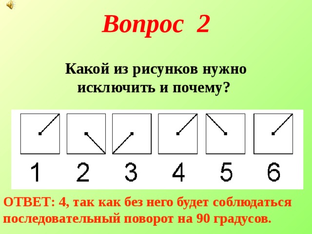 Вопрос 2   Какой из рисунков нужно исключить и почему?   ОТВЕТ: 4, так как без него будет соблюдаться последовательный поворот на 90 градусов.