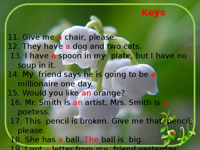 Keys 11. Give me a chair, please. 12. They have a dog and two cats.  13. I have a spoon in my plate, but I have no soup in it. 14. My friend says he is going to be a millionaire one day. 15. Would you like an orange?  16. Mr. Smith is an artist, Mrs. Smith is a poetess.  17. This pencil is broken. Give me that pencil, please.  18. She has a ball. The ball is big.  19. I got a letter from my friend yesterday. The letter was interesting. 20. When they were in Geneva, they stayed at a hotel. 