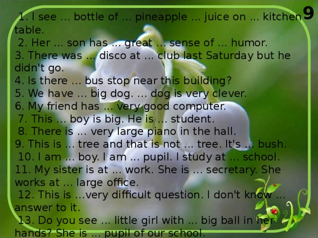 9  1. I see ... bottle of ... pineapple ... juice on ... kitchen table.  2. Her ... son has ... great ... sense of ... humor. 3. There was ... disco at ... club last Saturday but he didn't go. 4. Is there ... bus stop near this building? 5. We have ... big dog. ... dog is very clever. 6. My friend has ... very good computer.  7. This ... boy is big. He is ... student.  8. There is ... very large piano in the hall. 9. This is ... tree and that is not ... tree. It's ... bush.  10. I am ... boy. I am ... pupil. I study at ... school. 11. My sister is at ... work. She is ... secretary. She works at ... large office.  12. This is ...very difficult question. I don't know ... answer to it.  13. Do you see ... little girl with ... big ball in her hands? She is ... pupil of our school. 14. There was ... beautiful flower in this vase yesterday. Where is ... flower now? 
