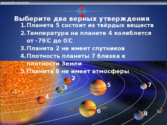 14 Выберите два верных утверждения Планета 5 состоит из твёрдых веществ Температура на планете 4 колеблется от -79 ֠ С до 0 ֠ С Планета 2 не имеет спутников Плотность планеты 7 близка к плотности Земли Планета 6 не имеет атмосферы 2 23 5 7 3 1 4 6 8 16 