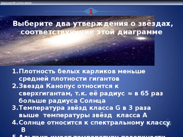 1  Выберите два утверждения о звёздах, соответствующие этой диаграмме Плотность белых карликов меньше средней плотности гигантов Звезда Канопус относится к сверхгигантам, т.к. её радиус ≈ в 65 раз больше радиуса Солнца Температура звёзд класса G в 3 раза выше температуры звёзд класса А Солнце относится к спектральному классу В Альтаир имеет температуру поверхности 8000 к и относится к звёздам класса А 25  