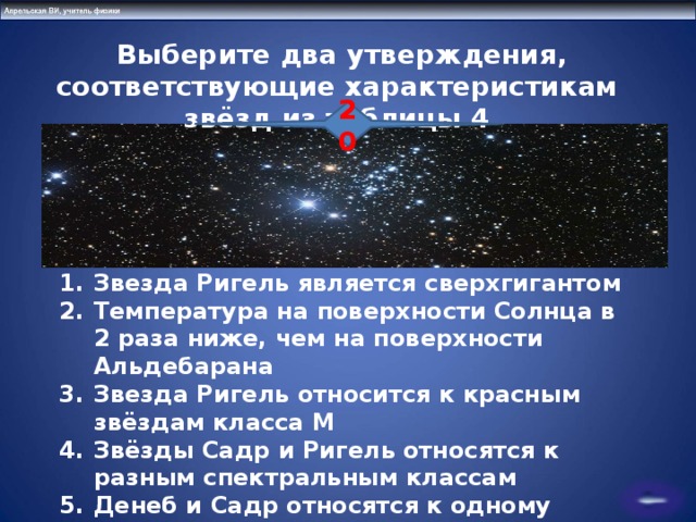  Выберите два утверждения, соответствующие характеристикам звёзд из таблицы 4 20 Звезда Ригель является сверхгигантом Температура на поверхности Солнца в 2 раза ниже, чем на поверхности Альдебарана Звезда Ригель относится к красным звёздам класса М Звёзды Садр и Ригель относятся к разным спектральным классам Денеб и Садр относятся к одному созвездию. На одинаковом ли расстоянии они от Солнца? 24 25 