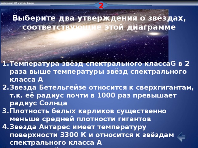 2 Выберите два утверждения о звёздах, соответствующие этой диаграмме Температура звёзд спектрального классаG в 2 раза выше температуры звёзд спектрального класса А Звезда Бетельгейзе относится к сверхгигантам, т.к. её радиус почти в 1000 раз превышает радиус Солнца Плотность белых карликов существенно меньше средней плотности гигантов Звезда Антарес имеет температуру поверхности 3300 К и относится к звёздам спектрального класса А «Жизненный цикл»звезды спектрального класса К главной последовательности более длительный, чем звезды спектрального класса В главной последовательности 25 4 