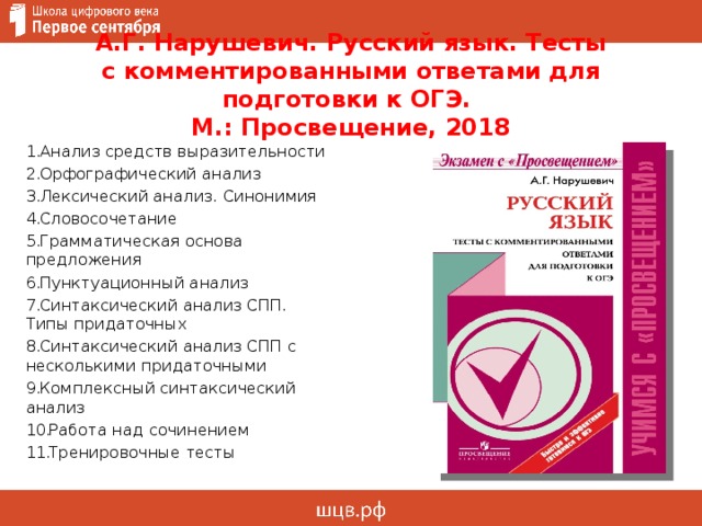  А.Г. Нарушевич. Русский язык. Тесты  с комментированными ответами для подготовки к ОГЭ.  М.: Просвещение, 2018 Анализ средств выразительности Орфографический анализ Лексический анализ. Синонимия Словосочетание Грамматическая основа предложения Пунктуационный анализ Синтаксический анализ СПП. Типы придаточных Синтаксический анализ СПП с несколькими придаточными Комплексный синтаксический анализ Работа над сочинением Тренировочные тесты 