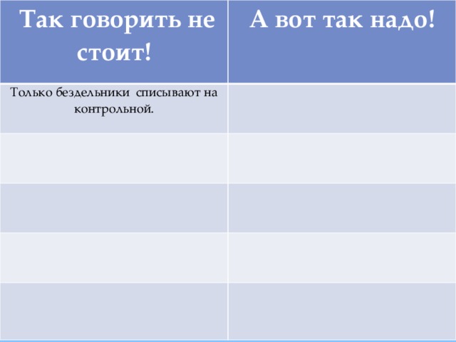  Так говорить не стоит!  А вот так надо! Только бездельники списывают на контрольной. 