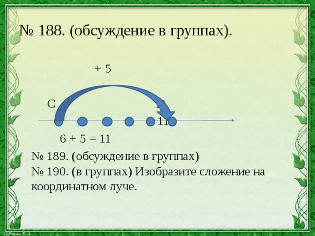 № 188. (обсуждение в группах).  + 5  С D  6 11  6 + 5 = 11 № 189. (обсуждение в группах)  № 190. (в группах) Изобразите сложение на координатном луче.   