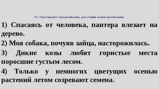 Перепишите предложения расставляя знаки. Спасаясь от человека пантера влезает на дерево деепричастный оборот. Правило переписывание предложение. Спасаясь от человека пантера влезает на дерево. Перепишите расставляя знаки препинания лошади сани деревья.