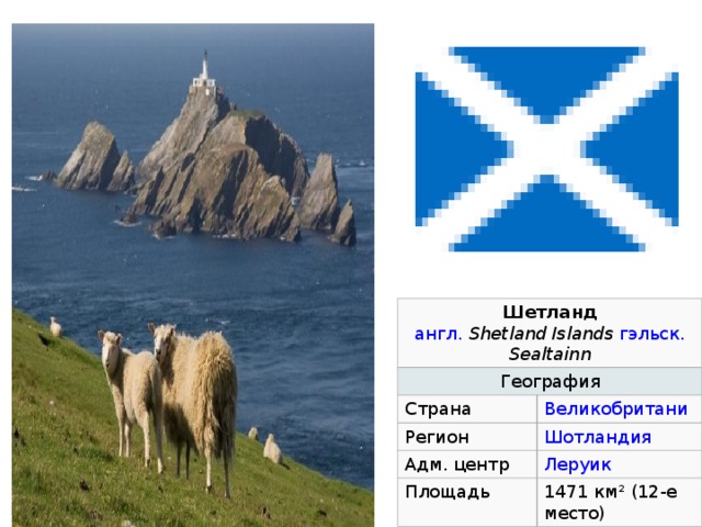 Шетланд  англ.   Shetland Islands   гэльск. Sealtainn География Страна Регион Адм. центр Площадь 1471 км² (12-е место) 