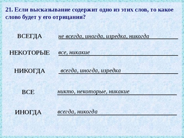 Какое слово содержит. Если высказывание содержит одно из этих слов то. Отрицание слова всегда. Отрицание слова некоторые. Высказывание если то.