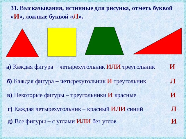 31. Высказывания, истинные для рисунка, отметь буквой « И », ложные буквой « Л ». И а)  Каждая  фигура – четырехугольник ИЛИ треугольник Л б)  Каждая  фигура – четырехугольник И треугольник И в)  Некоторые фигуры – треугольники И красные Л г)  Каждая четырехугольник – красный ИЛИ синий И д)  Все фигуры – с углами ИЛИ без углов 