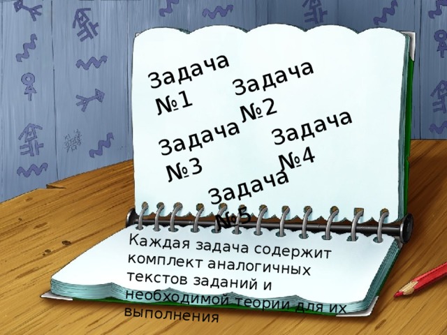 Задача№1 Задача№2 Задача№3 Задача№4 Задача№5 Каждая задача содержит комплект аналогичных текстов заданий и необходимой теории для их выполнения 