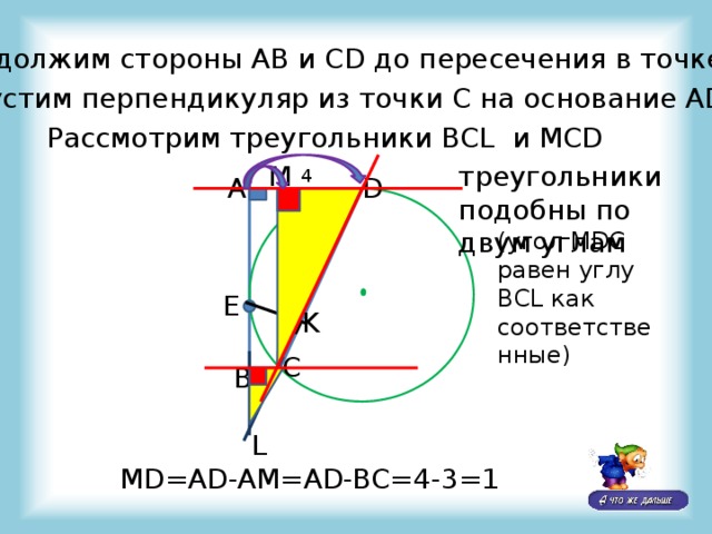 Продолжим стороны AB и CD до пересечения в точке L Опустим перпендикуляр из точки С на основание АD Рассмотрим треугольники BCL и MCD треугольники подобны по двум углам M 4 A D (угол MDC равен углу BCL как соответственные) E K С B 3 L MD=AD-AM=AD-BC=4-3=1 