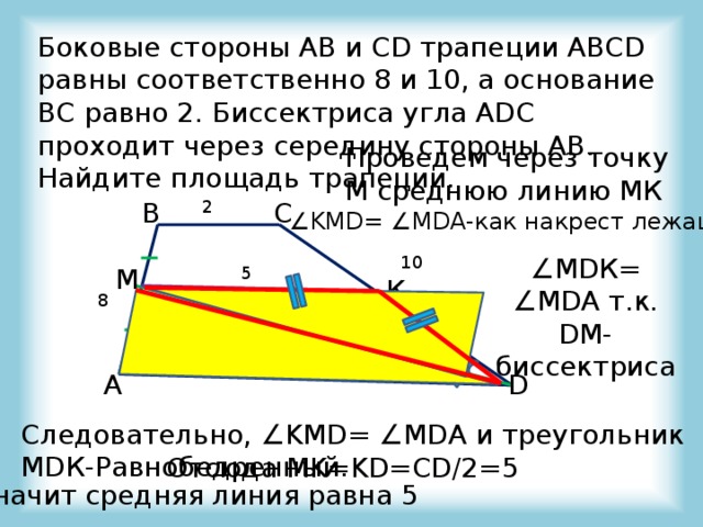 По данным рисунка найдите площадь трапеции abcd ab 10 cd 10 ad 22
