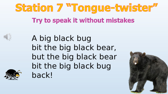 A big black bug bit the big black bear, but the big black bear bit the big black bug back! 