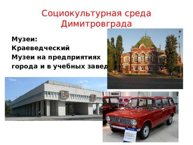 Социокультурная среда Димитровграда Музеи: Краеведческий Музеи на предприятиях города и в учебных заведениях 